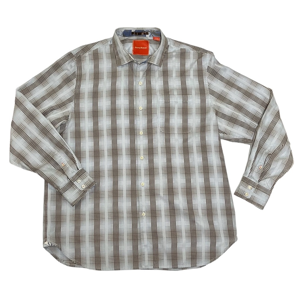 XL Tommy Bahama Flip Cuff Button Down Blue and Brown plaid shirt